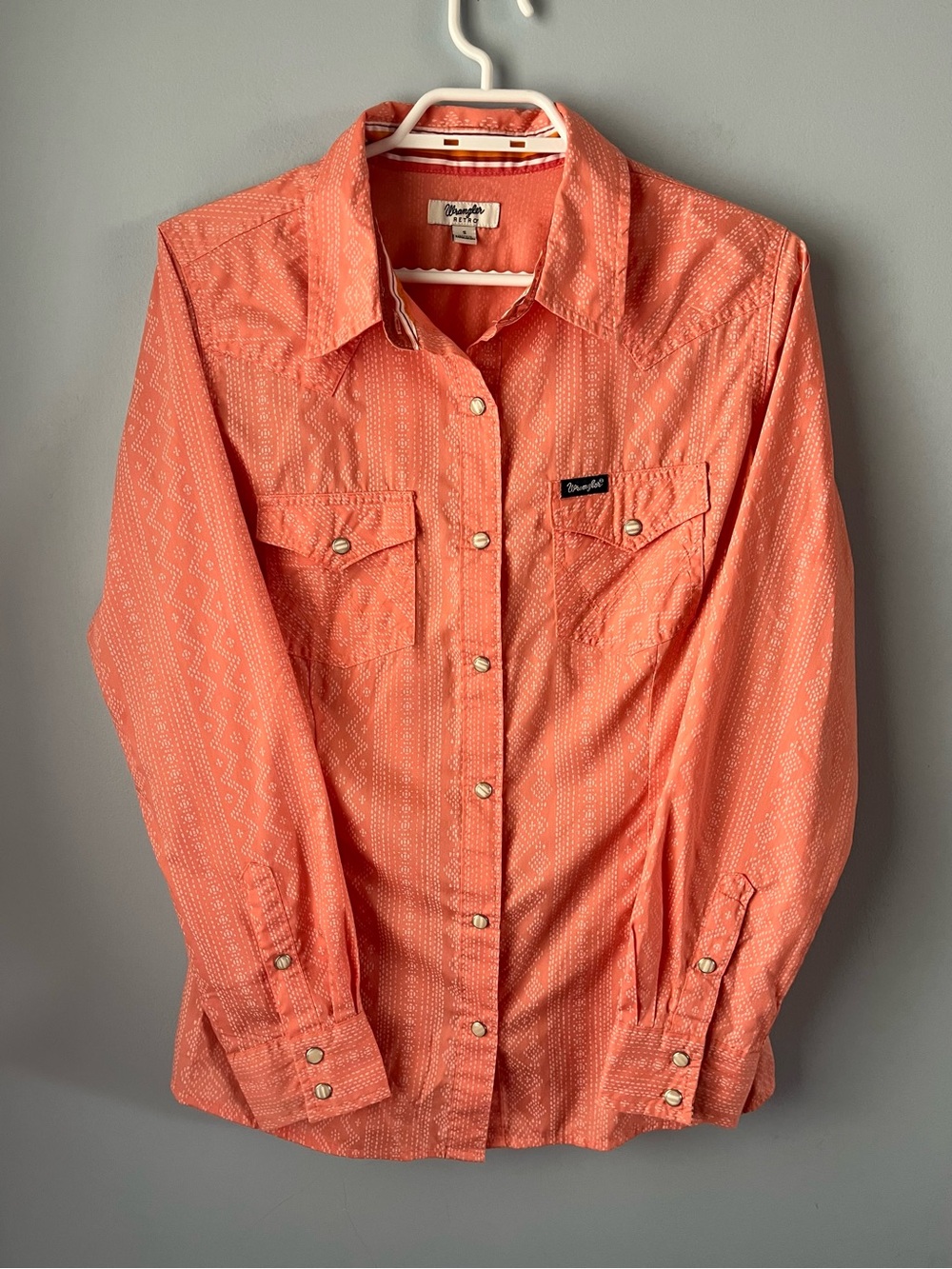 Wrangler Retro Coral Peach Aztec Print Pearl Snap Western Shirt Size S